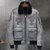 2019 Mens Gray Shearling Jacket Leather Jacket Fur Coat B6 Airforce Flight Jacket Mens Winter Coats