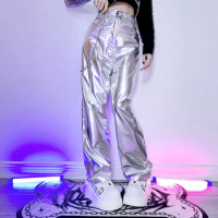 Japan Harajuku Women Punk Rock Capris Fashion Y2K Hot Girl Laser Silver Disco Metal Pants Joker Casual Long Pants
