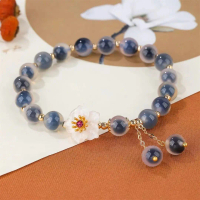Natural Sugar-Hearted Agate Fashion Bracelet Flower Design Elegant Black-Blue Soft-Centered Agate Br