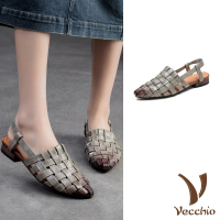 【Vecchio】真皮涼鞋 尖頭涼鞋/全真皮頭層牛皮復古擦色編織尖頭涼鞋(灰)