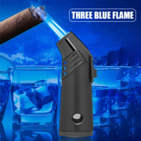 JOBON-Windproof Three Blue Flame Inflatable Lighter, Visible Gas Compartment, Cigar Torch