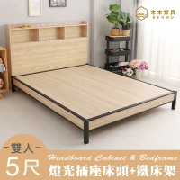 本木家具-麥倫 簡易插座房間二件組-雙人5尺 床頭+鐵床架