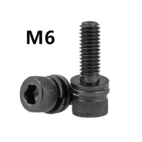 100PCS M6x12/14/16/18/20/25/40mm Black 304 Stainless steel hex socket cap screw bolt with washer three combination sems screws