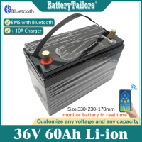 Deep cycle 36V 60Ah Lithium ion battery for boat propeller RV back up power ebike scooter+10A Charger