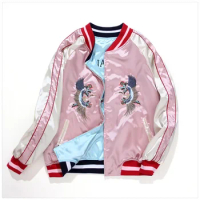 Double Sided Satin Baseball Jacket Women Sukajan Bomber Jacket Female Girls Embroidery Coat 2023 Spring Autumn Pink