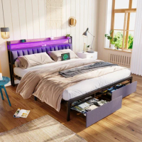 King Bed Frames with Storage Headboard and Drawers, LED Platform Bed Frame King Size, LED Upholstered Bed Frame with Charging