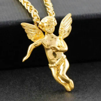 316L Stainless Steel Bling Gold Color Baby Angel Wings Micro Pendant Necklace