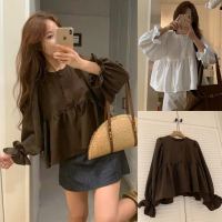 💯FREE SHIP💯Áo sơ mi nữ A.796, Áo sơ mi cổ tròn dáng babydoll tay dài bo chun bèo phối cúc dọc basic