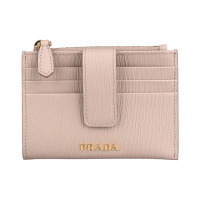 【PRADA 普拉達】PRADA Vitello Move金字LOGO牛皮3卡拉鍊按釦式卡夾零錢包(藕粉)