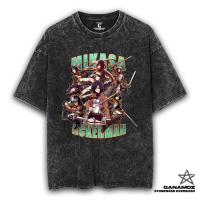 GANAMOZ Kaos Anime Attack Of Titan MIKASA ACKERMAN Stone Washed Oversize Pria Dan Wanita T-shirt Vin