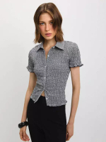 POMELO FASHION Pomelo - Blouse Wanita - Gingham Shirred Blouse - Black