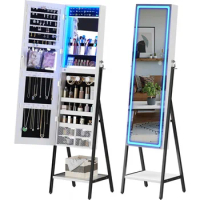 HNEBC LED Mirror Jewelry Cabinet Standing, Lockable Jewelry Armoire Organizer Full Length Mirror with Storage, Adjustable Lights