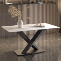 輕奢風簡約長方形岩板餐桌(勞倫白金/X腿/直邊)(尺寸:80*140CM)