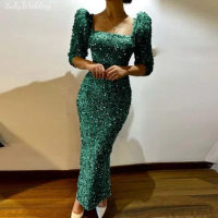 Dark Green Sequins Sheath Evening Dresses Half Sleeves Prom Gowns aso ebi Evening Occasion Gowns Formal Party Dresses