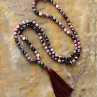 108 Beads Mala 8MM Rhodonite Tassel Necklace Beads Knotted Yoga Necklace Bohemia Meditation Necklace Dropship