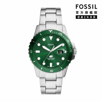 【FOSSIL 官方旗艦館】Fossil Blue Dive 運動亮眼綠潛水指針手錶 銀色不鏽鋼錶帶 指針手錶 42MM FS6033