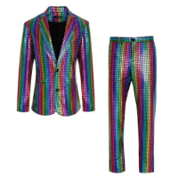 Cosplay Disco Costume Mens Stage Prom Suits Shiny Rainbow Plaid Sequin Jacket Pants Men Dance Festival Halloween Party Costumes