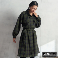 【JEEP】女裝羊毛混紡綁帶長版洋裝外套(深綠)