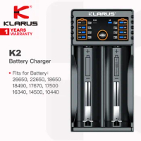 Klarus K2 Dual-slots Charger for Flashlight Battery, Fits for 26650, 22650, 18650, 18490, 17670, 17500, 16340, 14500, 10440, 163