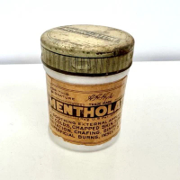 Vintage Mentholatum White Milk Glass Apothecary Jar with Metal Lid and Label
