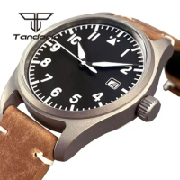 Tandorio NH35A Titanium 39mm Pilot 200M Dive Men's Automatic Watch Aviator Dial Date Sapphire Glass Luminous Screw Crown Leather