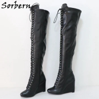 Sorbern Black Matte Women Boots Wedges Unisex Style Long Over The Knee Mid Thigh High Boot Shoes Custom Multi Size Eu33-48