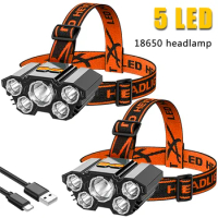Rechargeable 5 LED Headlamp with Built-in 18650 Battery Strong Light Headlight Camping Adventure Fishing Head Light Flashlight
