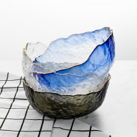 日式金口透明玻璃碗大號蔬菜水果沙拉碗創意不規則錘紋異形甜品碗
