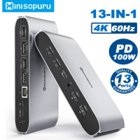 Minisopuru Displaylink Triple Display Docking Station for MacBook M1 M2 Windows with 2 HDMI 2 DisplayPort PD RJ45 4 USB Port HUB