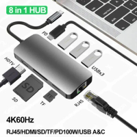 For Laptop 8 IN 1 USB C HUB 4K60Hz Type C to HDMI 2.0 RJ45 PD 100W Docking station For Macbook iPad M2 M1 Samsung USB 3.0 HUB