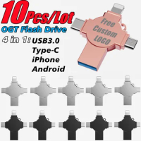 10Pcs/Lot Free Custom Laser Engraving LOGO Color Metal OTG 4 IN 1 Flash Drive Android+Type-C+iPhone+USB3.0 128GB 64GB 32GB 16GB