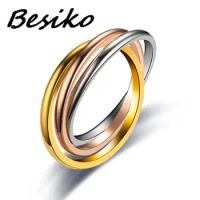 Besiko 6 Color Stainless Steel Triple Rolling Ring Three In One Sets Wedding Engagement Female Interlocked Stackable Ring 5-13