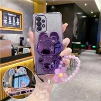Flower Strap Mirror Rabbit Phone Holder Case On For Samsung Galaxy A52 A53 A73 A32 A72 A33 A14 A55 A12 A22 A35 4G 5G Stand Cover
