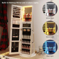360° Rotating Jewelry Armoire with LED Lights, 63" H Full Length Mirror with Jewelry Storage, Standing Jewelry Cabinet with Door