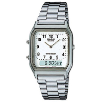 CASIO 銀色時尚復古雙顯指針錶(AQ-230A-7B)-數字白面/29.5mm