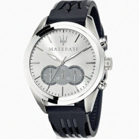 【MASERATI 瑪莎拉蒂】MASERATI手錶型號R8871612012(銀白色錶面銀錶殼深黑色精鋼錶帶款)