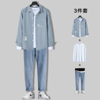 春季新款男生襯衫休閑套裝男裝一套痞帥氣搭配成熟春秋三件套衣服-創美