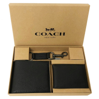 COACH 男款素面牛皮8卡短夾附鑰匙圈活動證件夾禮盒(黑)
