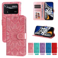 POCO X4 PRO 5G Leather Case 3D Relief Embossing Sunflower Skin Wallet Book Flip Cover POCO X4 PRO X4PRO X4 NFC Global Phone Bags
