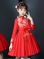 女童旗袍兒童唐裝新年裝中國風秋冬裝過年加絨加厚冬季寶寶拜年服1入