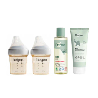 【hegen】+Derma 出生寶寶實用組150ml(奶瓶150雙瓶+浴油150ml+萬用膏100ml)