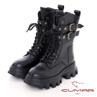 【CUMAR】率性厚底溝紋綁帶皮帶扣環短靴(黑色)