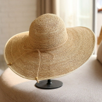 超細手工編織拉菲草帽子夏季帽子女 遮陽帽包邊大檐遮陽防曬草帽