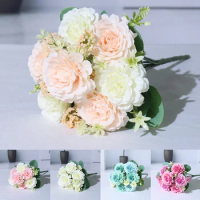 35cm 7 Big Heads Rose Pink Silk Bouquet Peony Artificial Flowers Bud Bride Wedding Home Decoration Fake Flowers Faux