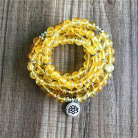 108 Mala Beads Bracelet Natural Yellow Quartz Bracelet Lotus Flower Yoga Jewelry Wrist 5 Laps Healing bracelets Meditation Mala