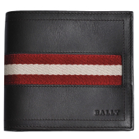 BALLY TRIDEK 經典紅白條紋織帶皮革對折證照短夾(咖啡)