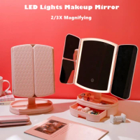 Foldable LED Lights Makeup Mirror with Drawer Smart Touch Dimmer Beauty Vanity Cosmetics 2X/3X Magnifying Desktop Table Mirror