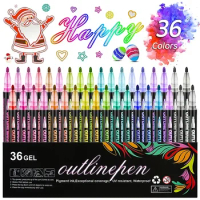 8/12/24/36 Color Glitter Pen Set Doublel Line Outline Pen Metallic Color Copic Markers DIY Handbook Fluorescent Highlighter