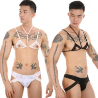 Sissy Lingerie Lace Bra Panties Set Elastic Leg Ring Strap Thongs Underwear Gay Mens Costumes Suit Fetish Body Harness