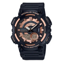 CASIO 卡西歐 雙顯男錶 樹脂錶帶 黑X玫瑰金 防水100米 10年電力 世界時間 電話簿AEQ-110W-1A3
